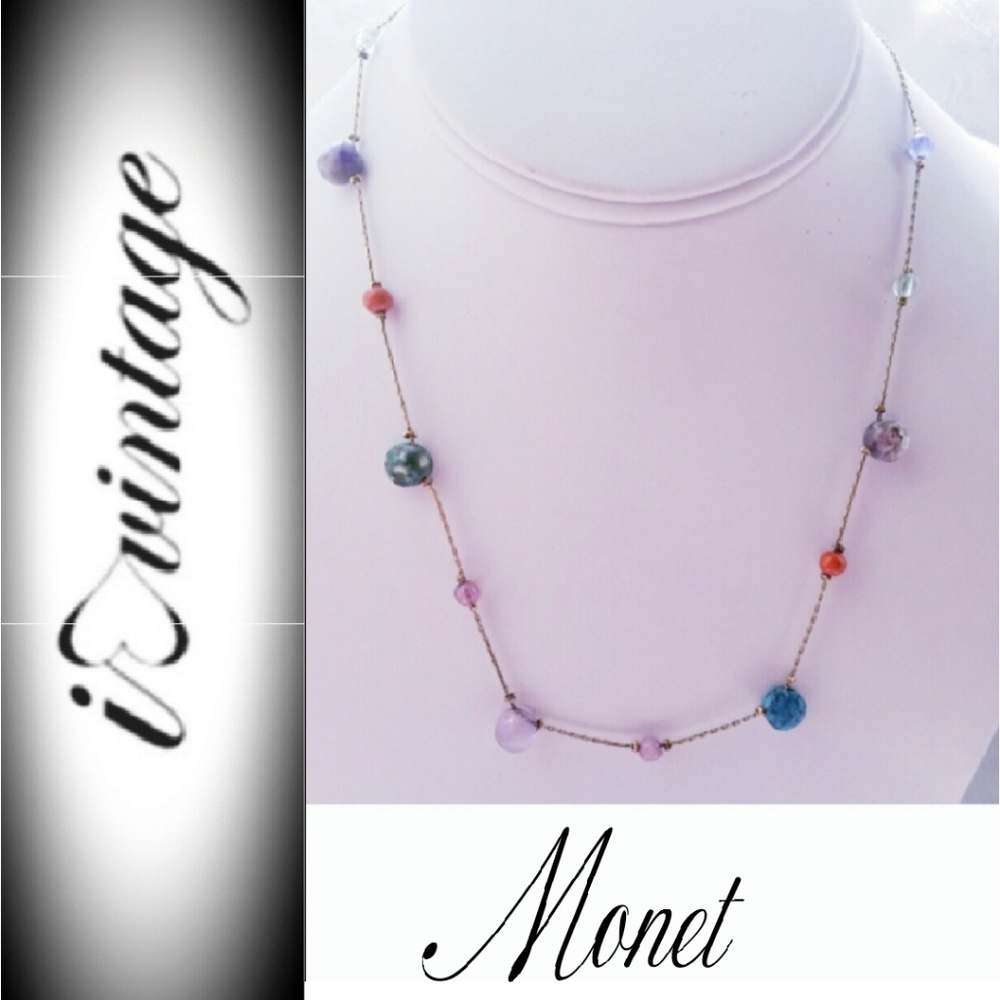 Vintage Monet Necklace Gold Ton w/ Multi Colored Accent Beads Stones